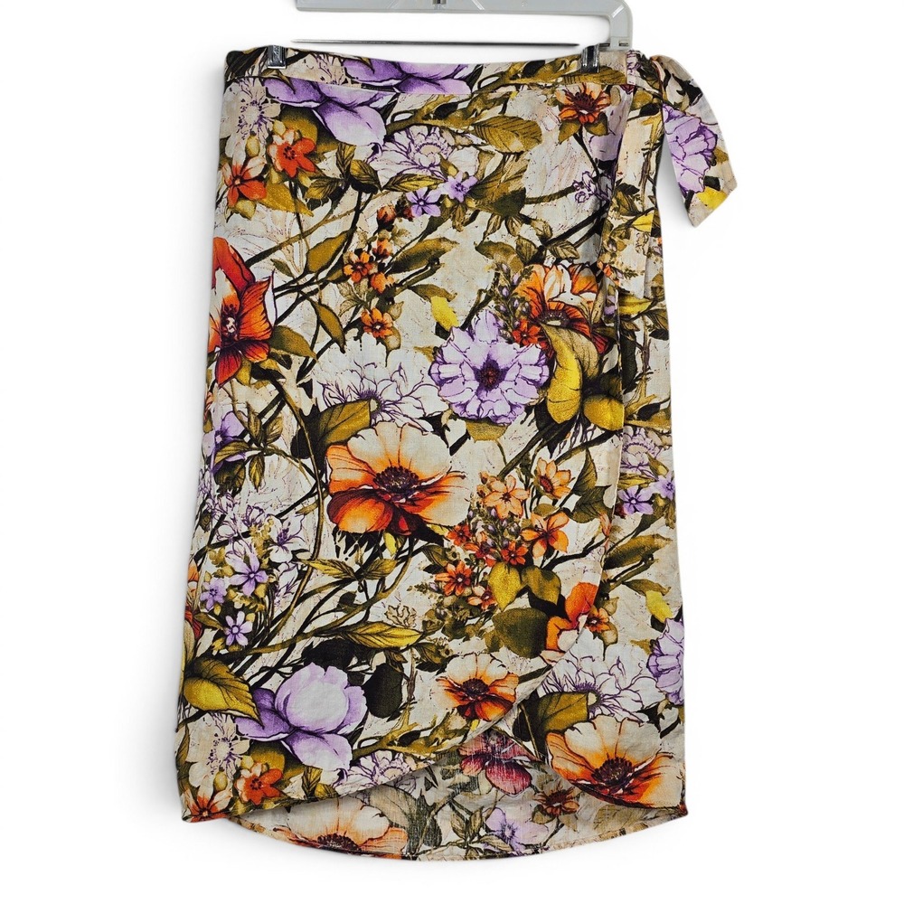 Chicos Floral Linen Wrap Skirt Size 1 Medium 8 10 Multicolor Midi Tulip Hem